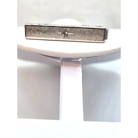 Silver Tone Tie Bar Clip With Single Rhinestone Accent - Picture 1 of 3
